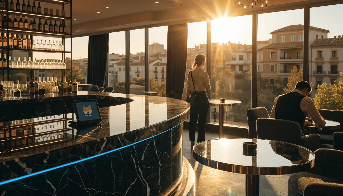 Foto realista de interior de casino español con toques de Dogecoin