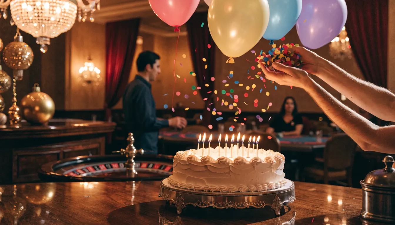 Fotografía realista de una fiesta de cumpleaños con pastel y decoración de casino español.