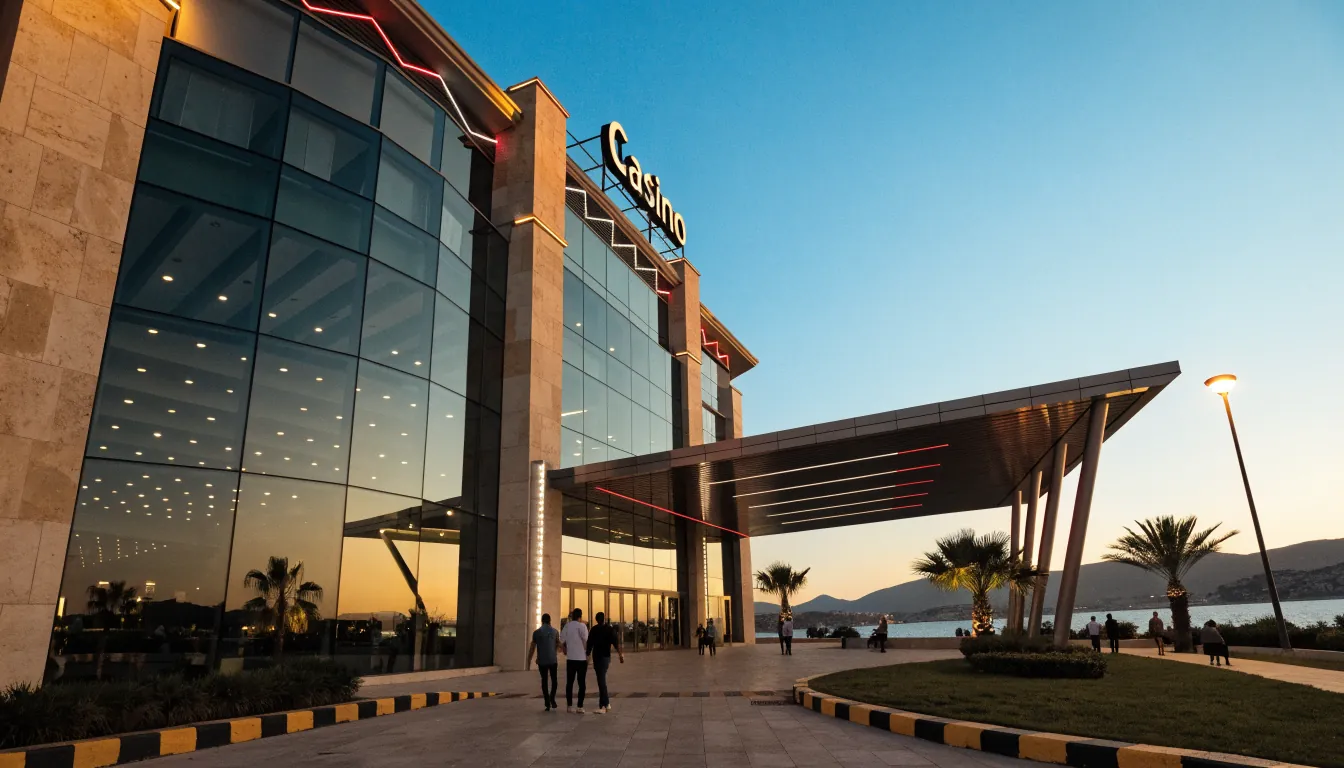 Foto realista de un casino mediterráneo con luces y palmeras al atardecer
