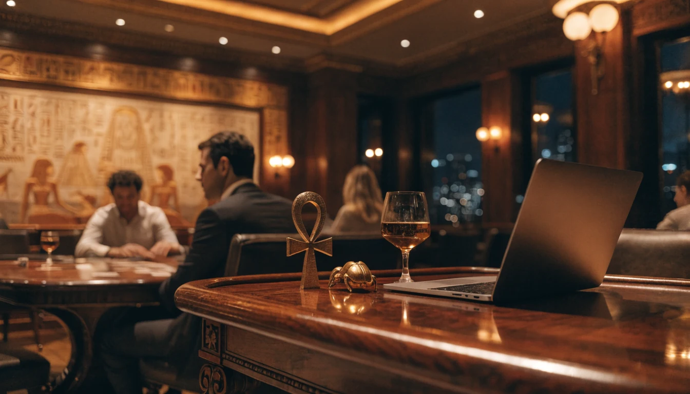 Lounge de casino español con decoración egipcia y ambiente de lujo
