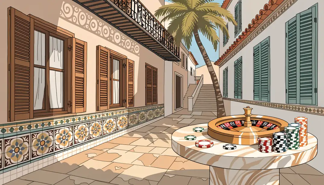 Ilustración de patio español con rueda de ruleta y fichas de casino.