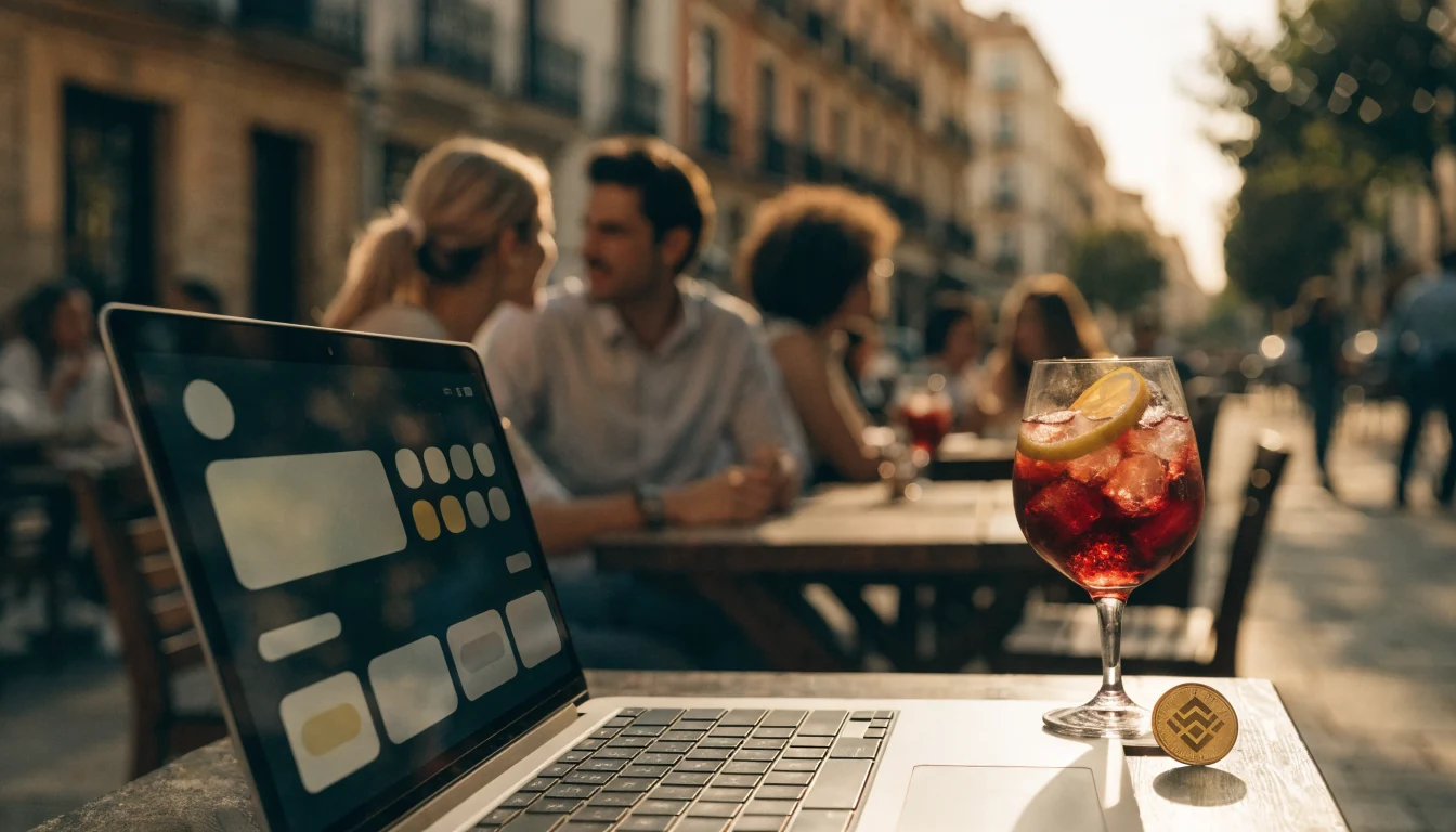 Terraza española al atardecer con laptop y moneda BNB