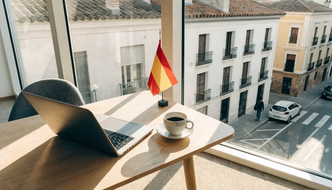Foto de una oficina española moderna con laptop y bandera.