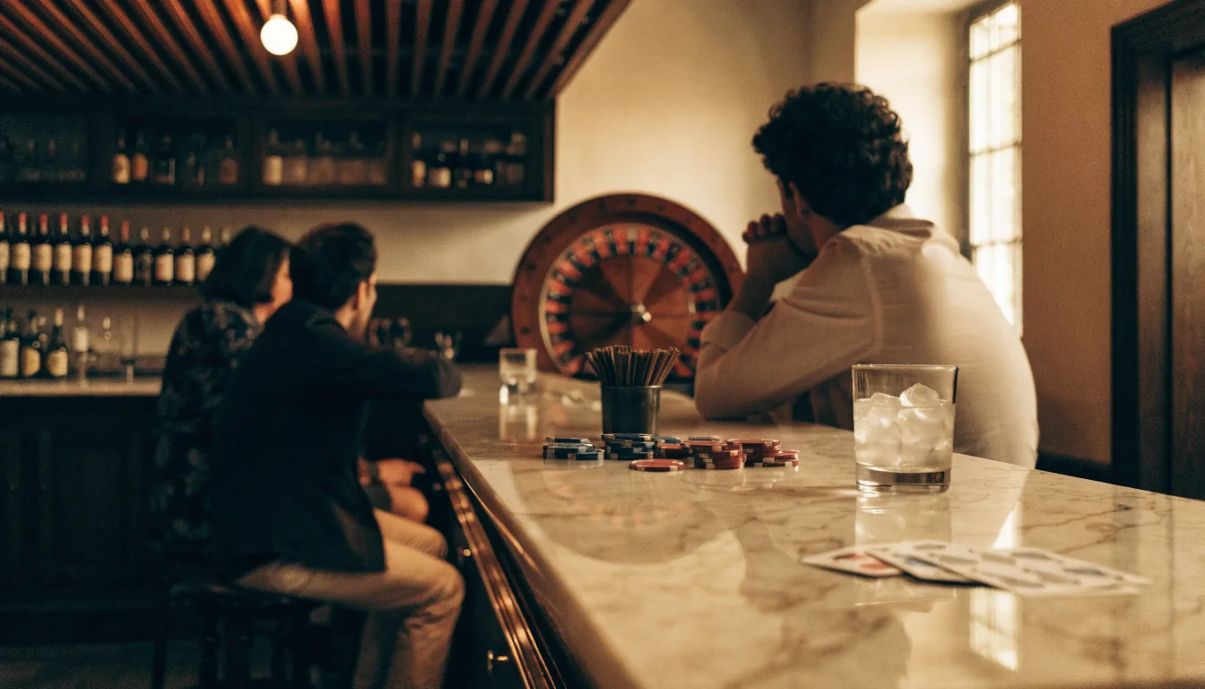 Bar de estilo español con fichas de casino y rueda de ruleta.