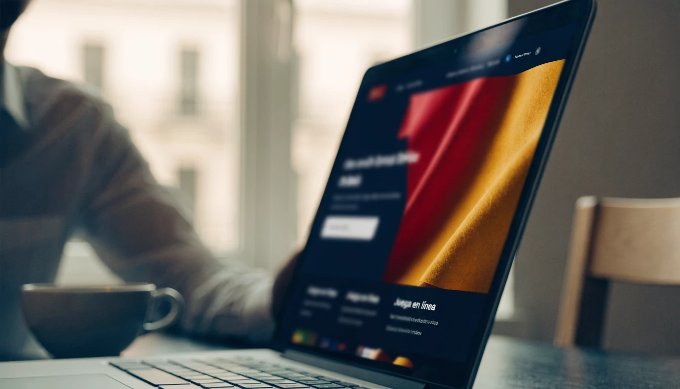 Página de casino online legal en España con laptop y ambiente profesional.
