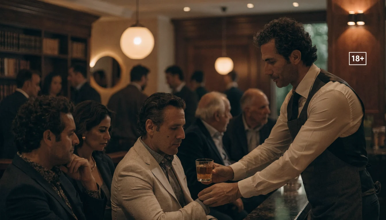 Salón de casino con ambiente adulto y señal 18+ en la pared.