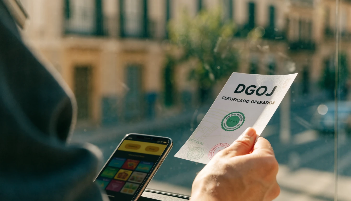 Mano con certificado del operador y smartphone mostrando app de casino.