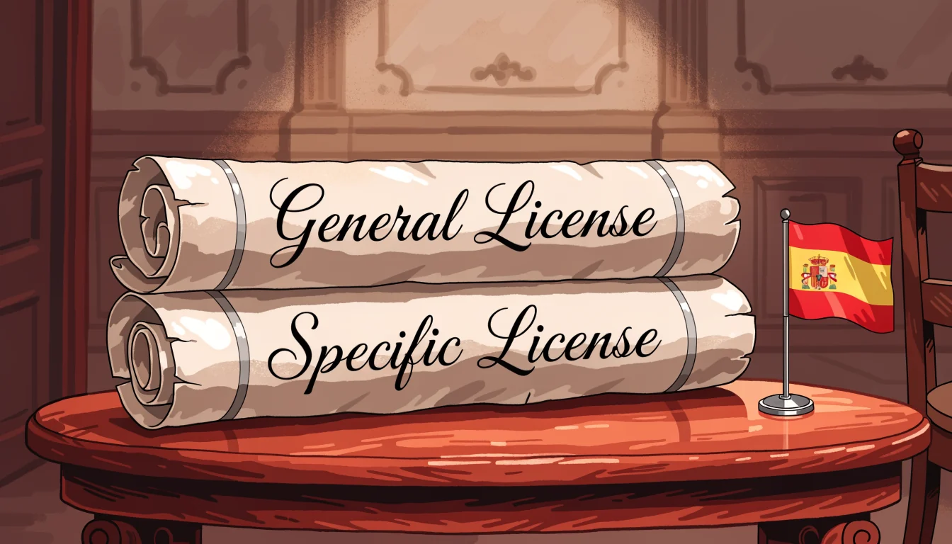 Dos pergaminos de licencias general y específica sobre mesa de caoba.