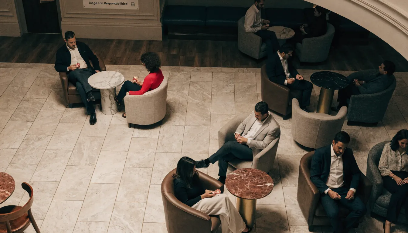 Foto realista de un salón de casino en España con personas adultas jugando responsablemente.