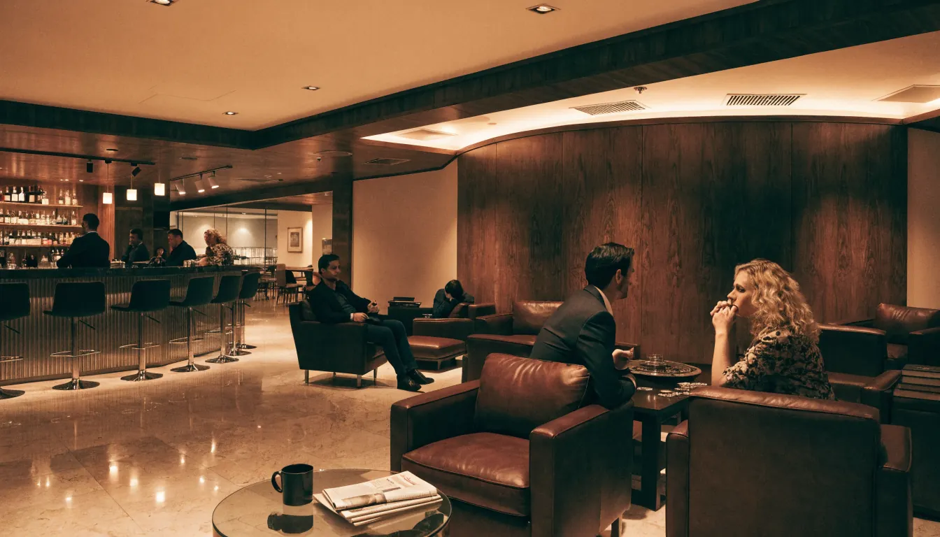 Lounge de casino español elegante con fichas y ruleta.
